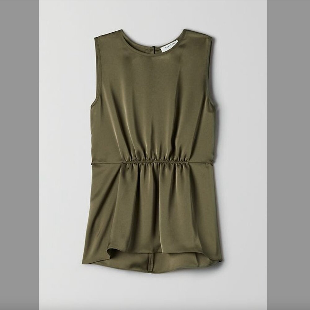 ARITZIA Babaton Olive Green Floreia Blouse Sleeveless Satin Top with tie Size L